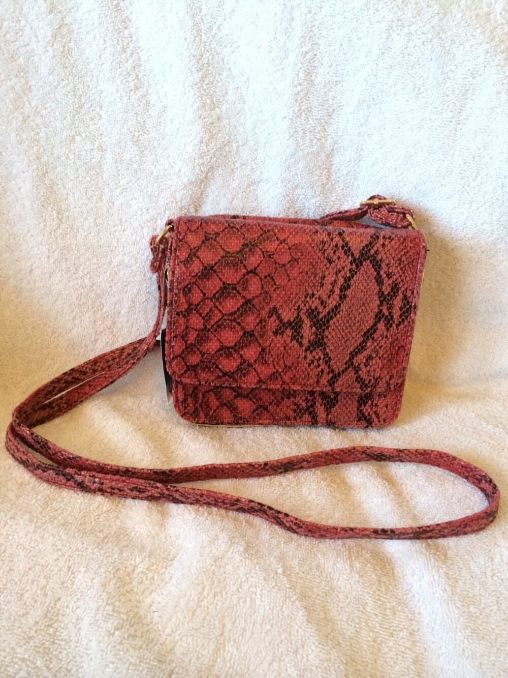 Topshop Red Black Snake Skin Gold Studded Hardware Double Flap Crossbody Purse